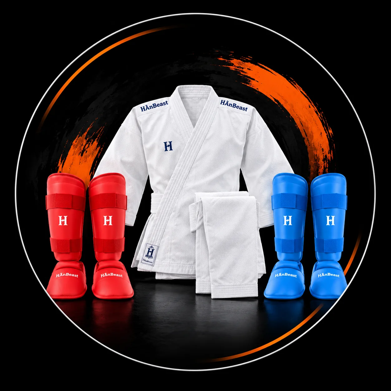 Equipo completo de karate HÂn Beast: karategui, guantes y espinilleras rojas y azules
